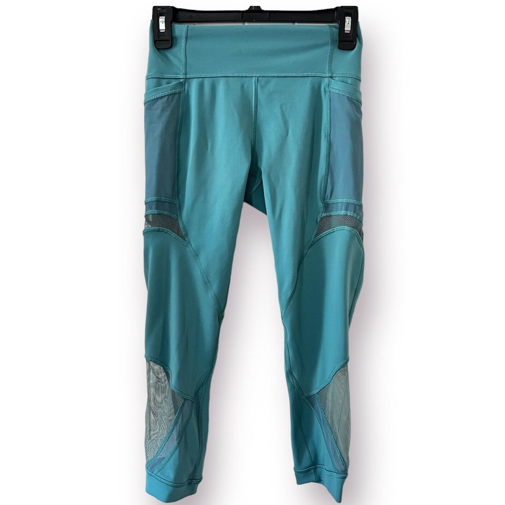 Lululemon Forget The Sweat Crop 21" Turquoise Sea Size 6 Mesh Details Teal Blue